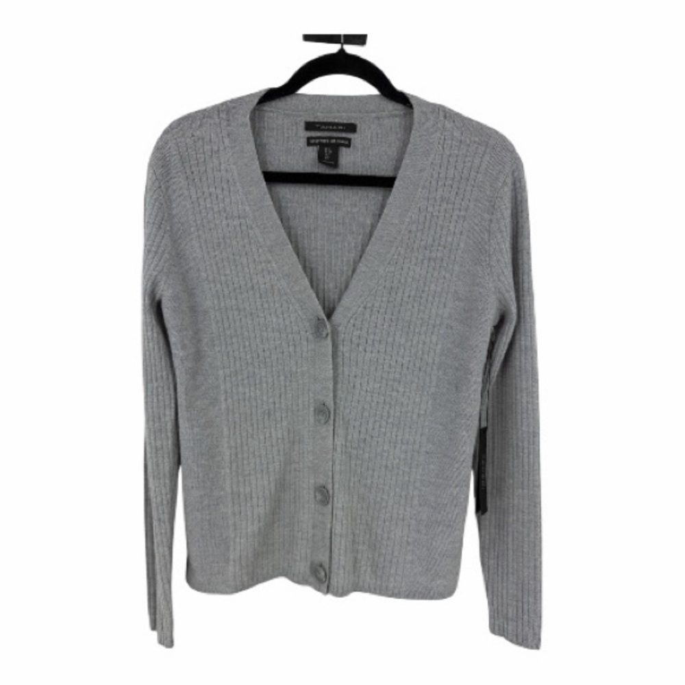 Tahari Extra-Fine Merino Wool Ribbed Button-Front Cardigan — Size Small — Gray
